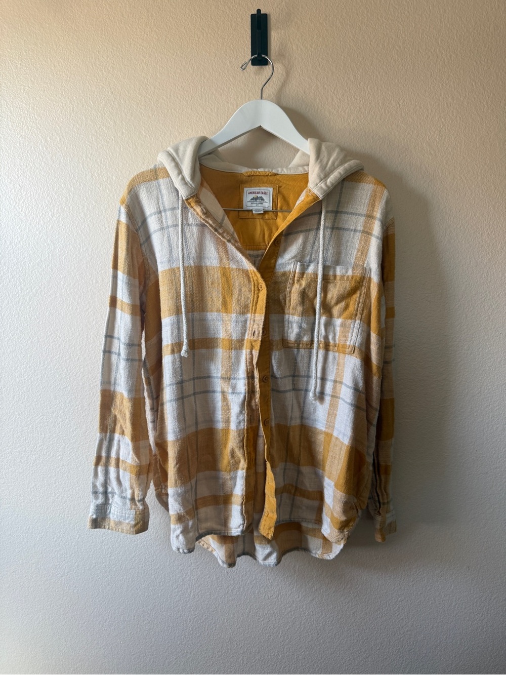American Eagle Outfitters Mustard and Cream Plaid Hooded Button-Down Shirt